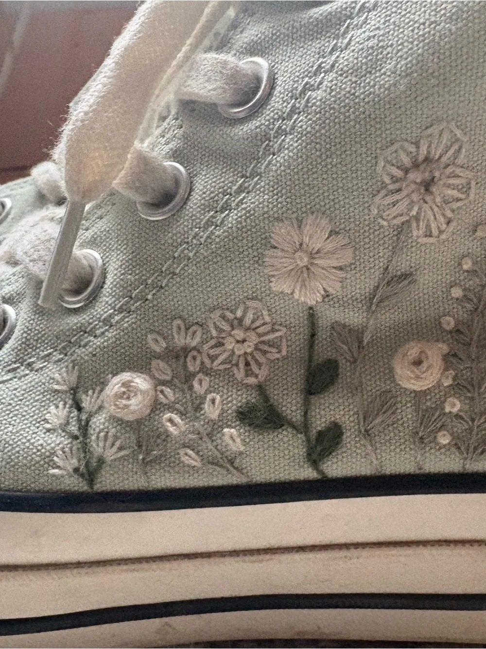 Converse Light Sage High-Top Sneakers with Cream Floral Embroidery